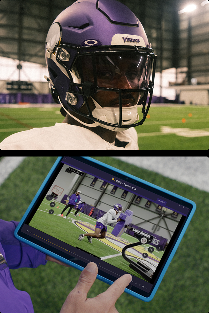 Close-up of a football player wearing a purple helmet and visor on an indoor field (top), and a person holding a tablet showing a video of football practice with players in purple uniforms (bottom).